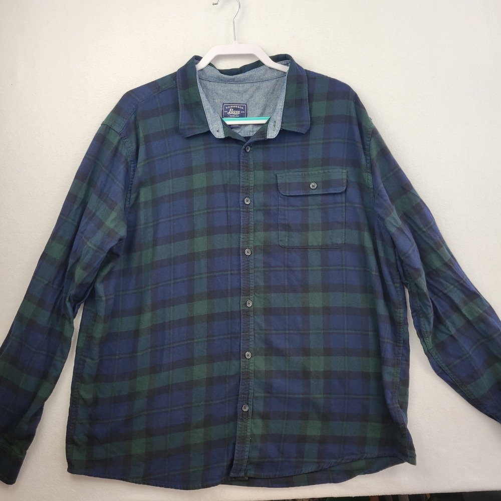 GH Bass Mens Flannel Button Down Shirt Size XXL Blue Green Plaid Cotton Tartan